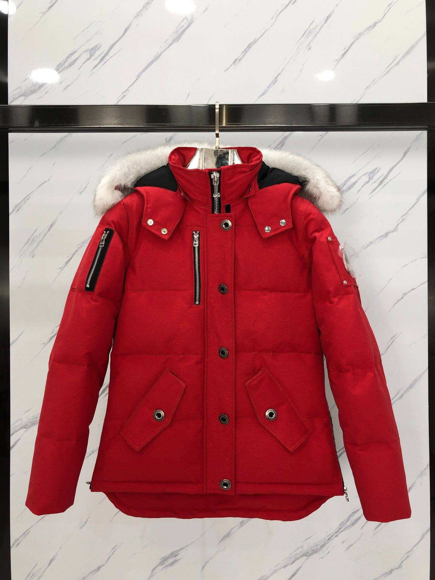 Moose Knuckles Women's Short Down Jacket with Arctic Fox Fur Collar