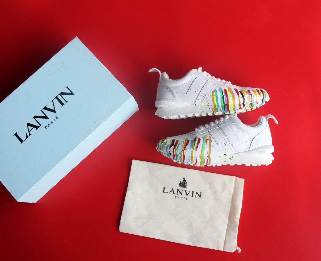 Lanvin Men's White Graffiti Print Leather Sneakers