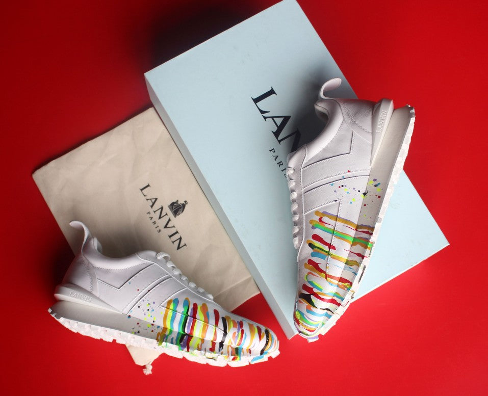 Lanvin Men's White Graffiti Print Leather Sneakers