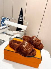 2023 HermÃ¨s Embroidered Lamb Wool Slippers for Couples