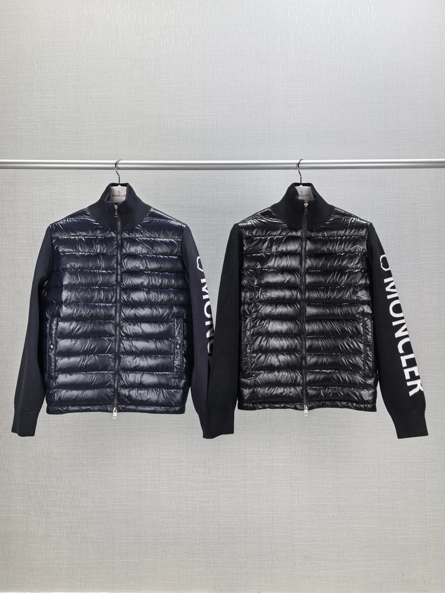 Moncler Men's Navy Blue Down Jacket with Pilot Collar and Logo Stitching