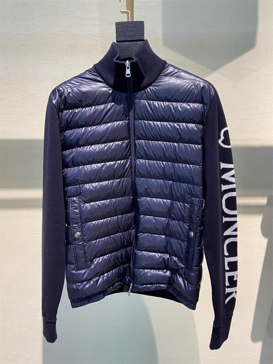 Moncler Men's Pilot Collar Knitted Navy Blue Down Jacket