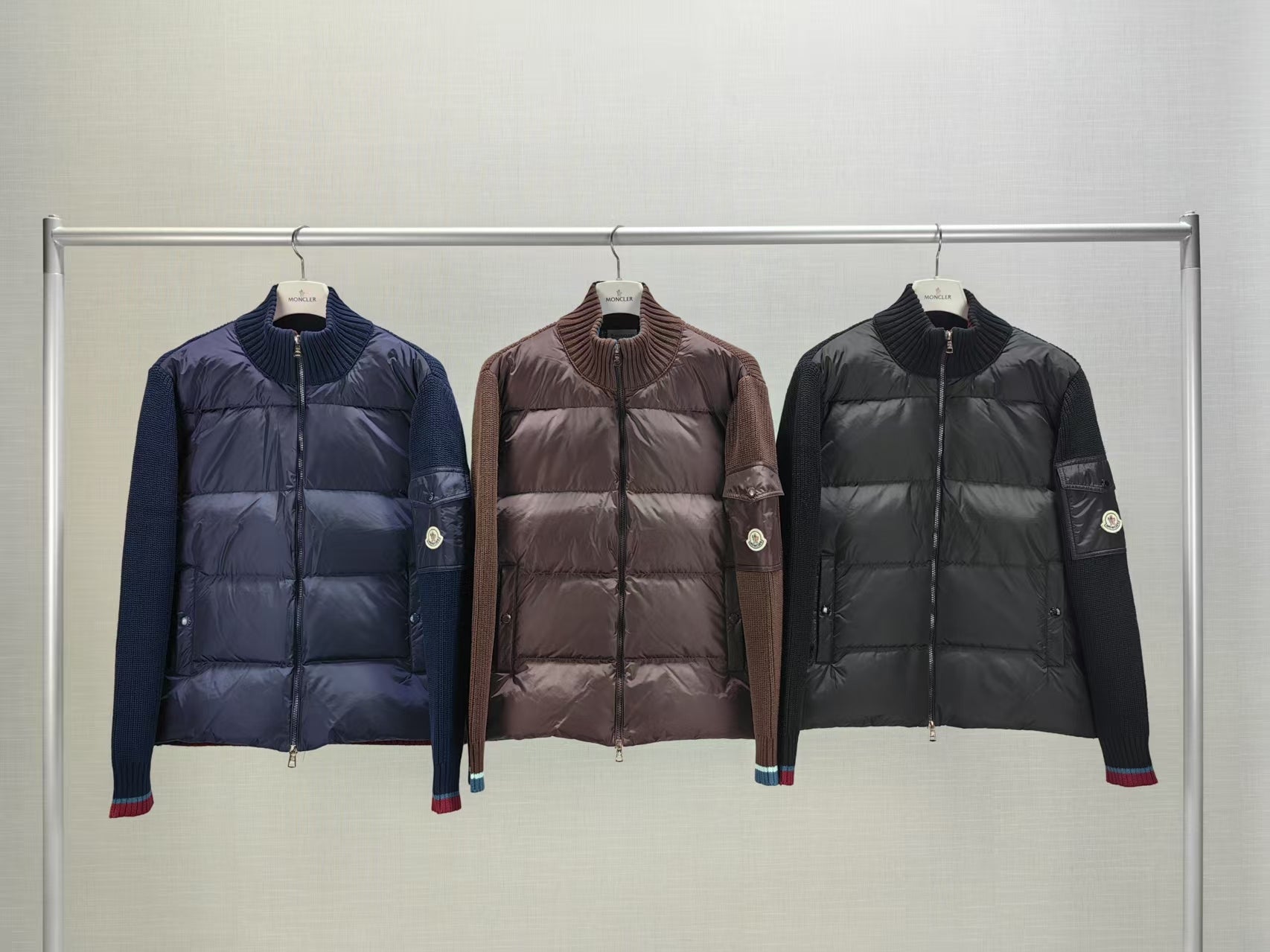 Moncler Three-Color Stand-Up Collar Knitted Cardigan Jacket