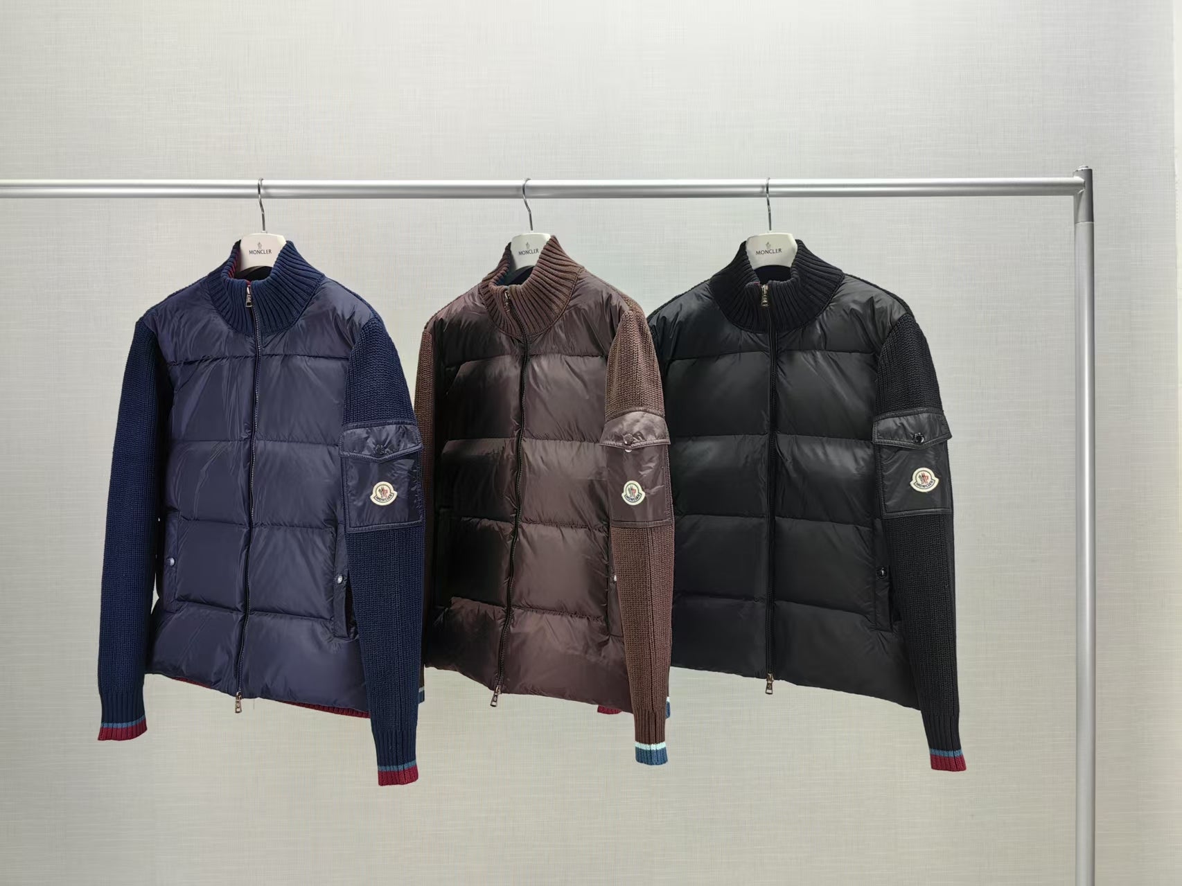 Moncler Three-Color Stand-Up Collar Knitted Cardigan Jacket