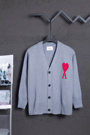 AMI Classic Big Heart Jacquard Cardigan Sweater - Dark Gray