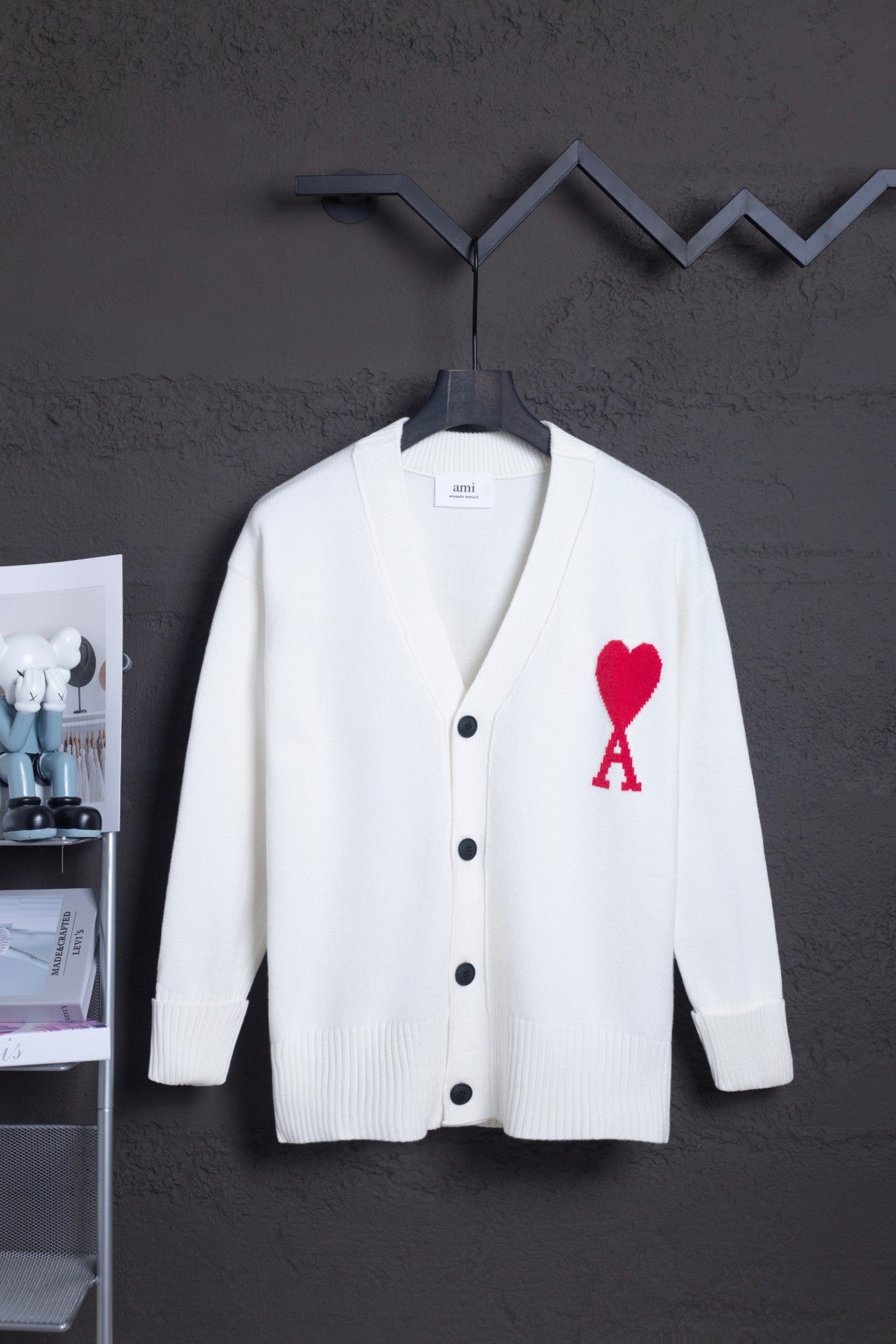 AMI Classic Big Heart Jacquard Cardigan Sweater - White with Red Heart