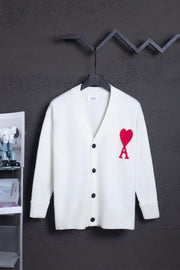 AMI Classic Big Heart Jacquard Cardigan Sweater - White with Red Heart