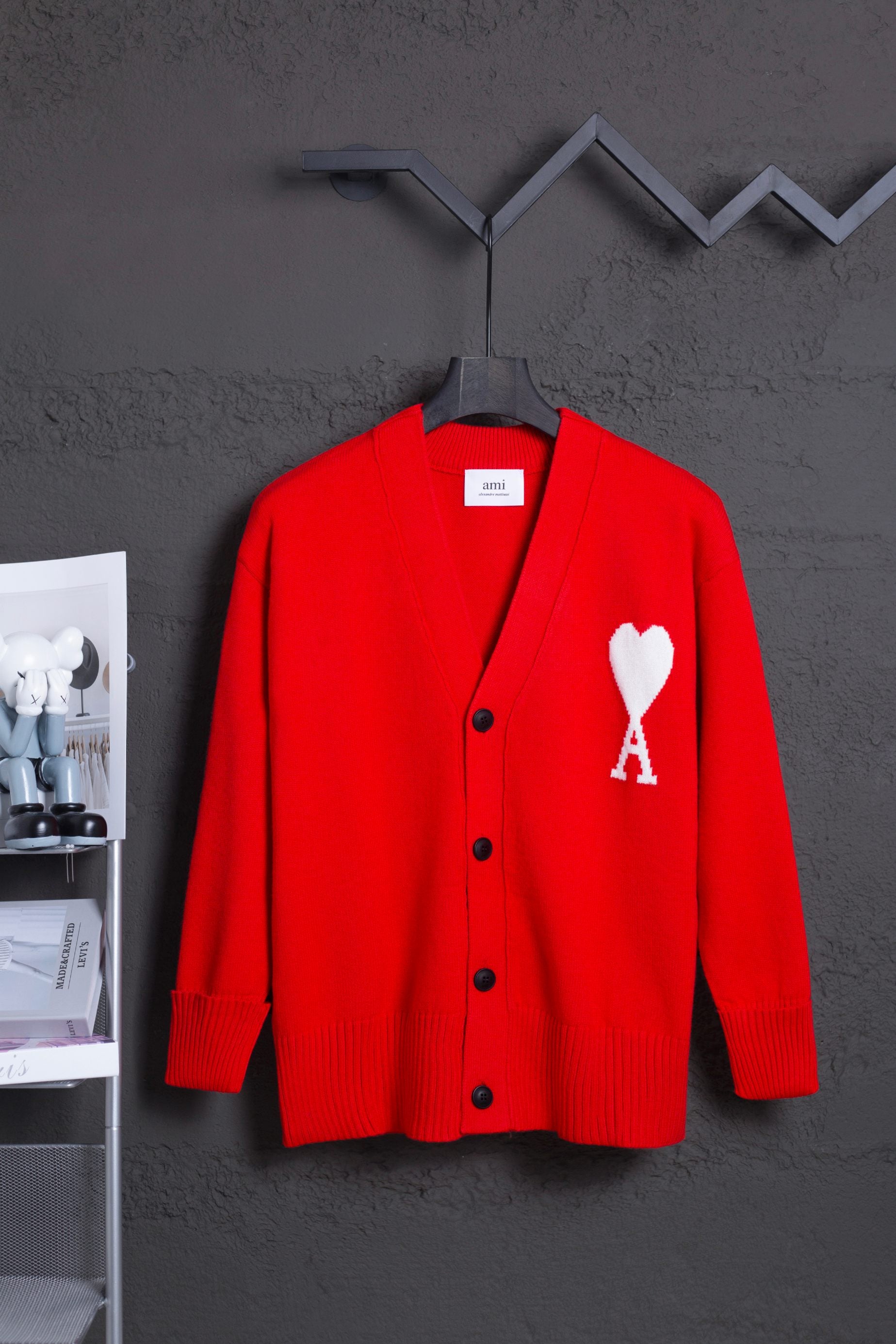 AMI Classic Big Heart Jacquard Cardigan Sweater in Red - Sizes S-XL
