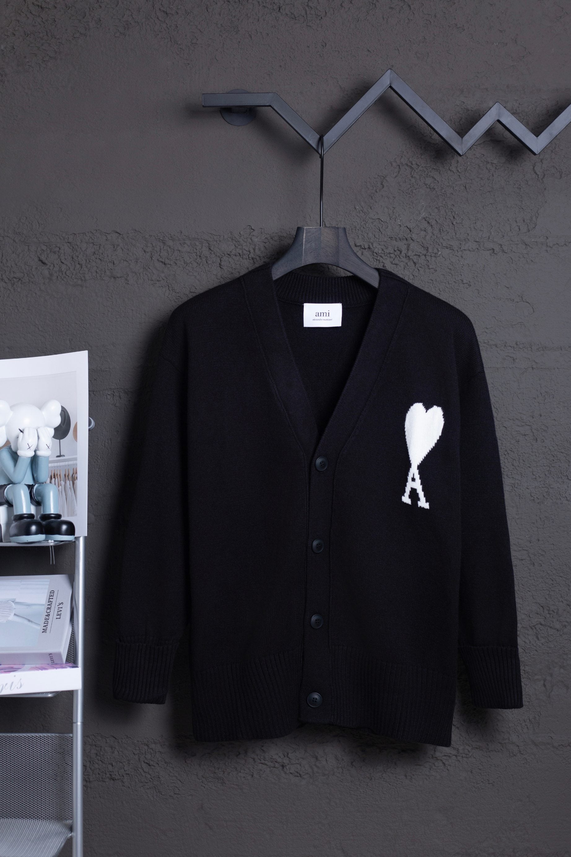 AMI Classic Big Love Jacquard Cardigan Sweater - Black & White Heart, Sizes S-XL