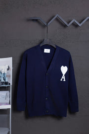 AMI Classic Big Heart Jacquard Cardigan Sweater - Royal Blue
