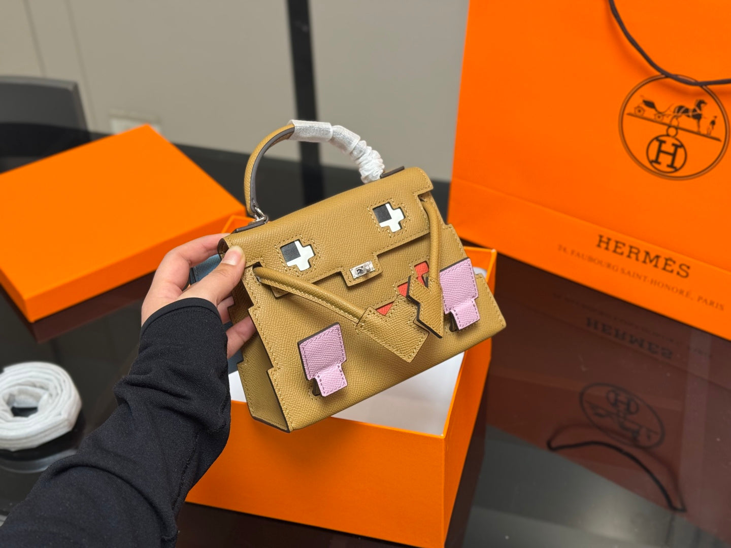 HermÃ¨s Kelly Doll Picto Mosaic - Biscuit & Mallow Purple Leather, 18cm