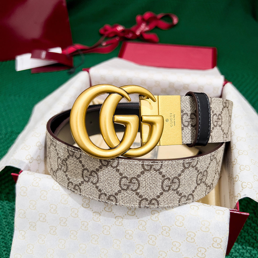 GUCCI Double-Sided Leather Belt with Counter Rotating Buckle - Men's 3.7MM Model