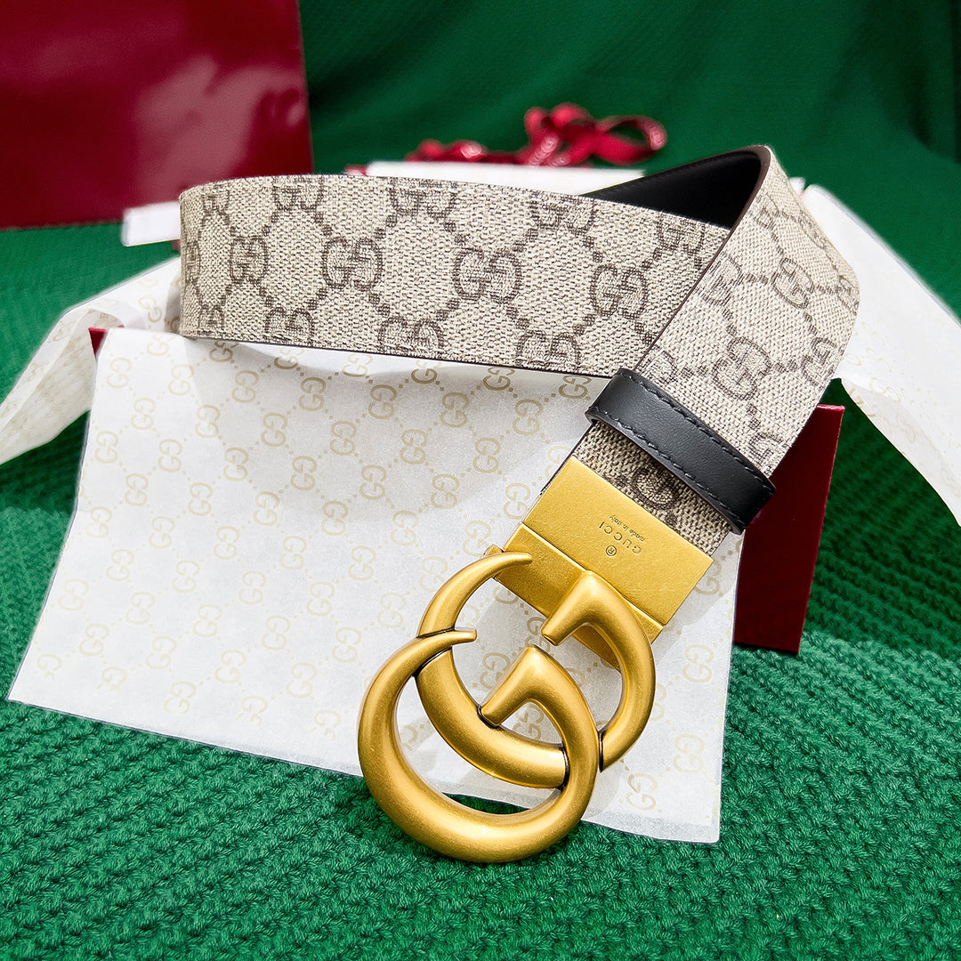 GUCCI Double-Sided Leather Belt with Counter Rotating Buckle - Men's 3.7MM Model