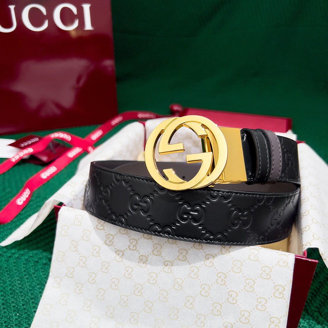 Gucci 3.7MM Double-Sided Men's Leather Belt with Counter-Rotating Buckle