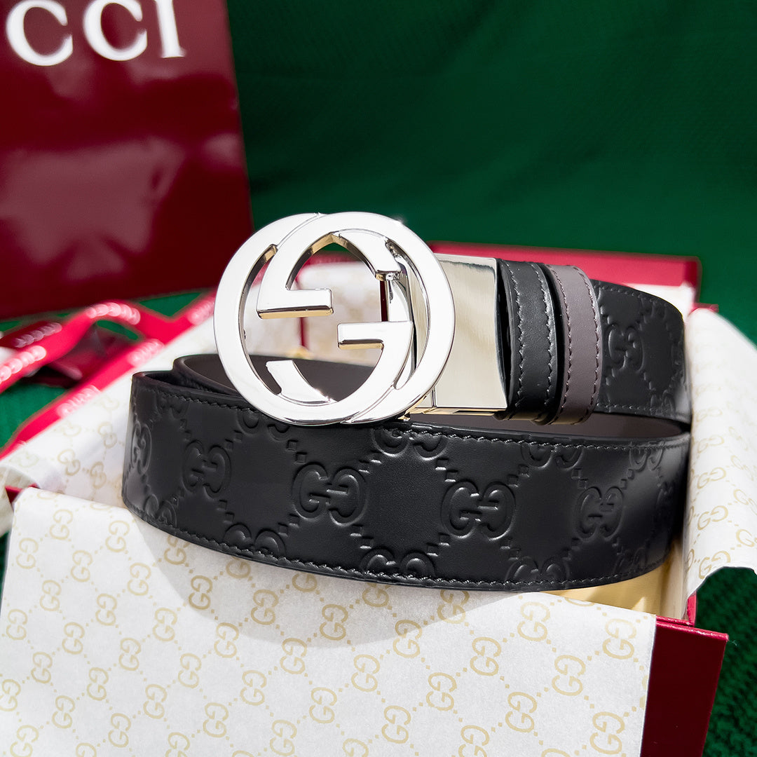 High-Quality GUCCI Men's Reversible Leather Belt with Counter Rotating Buckle