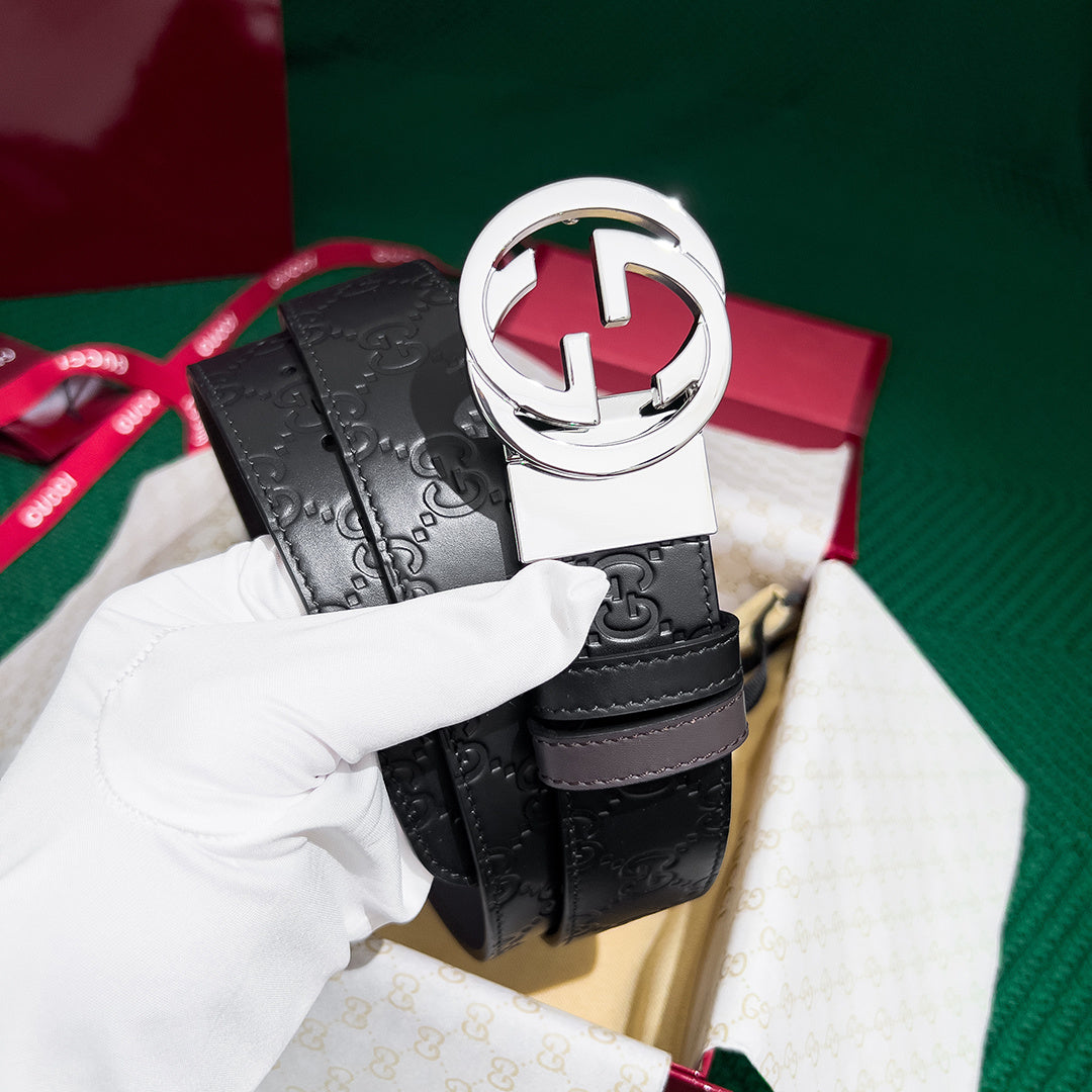 High-Quality GUCCI Men's Reversible Leather Belt with Counter Rotating Buckle