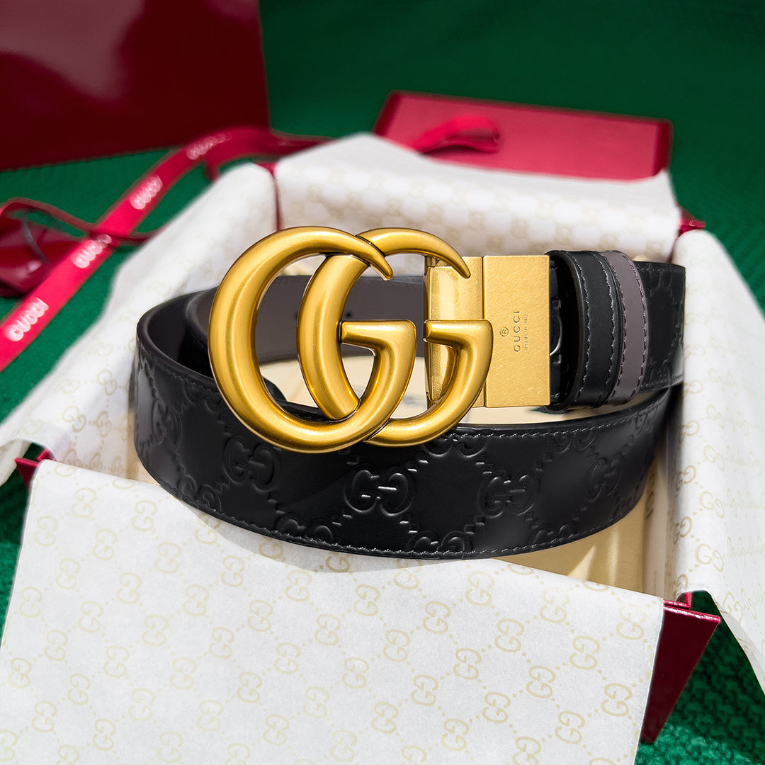 GUCCI Men's Reversible Leather Belt with 3.7MM Counter Rotating Buckle