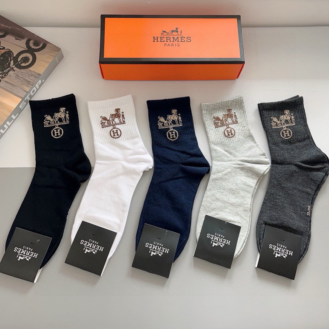 Hermes High-Quality Mid-Calf Socks â€“ 5 Pairs
