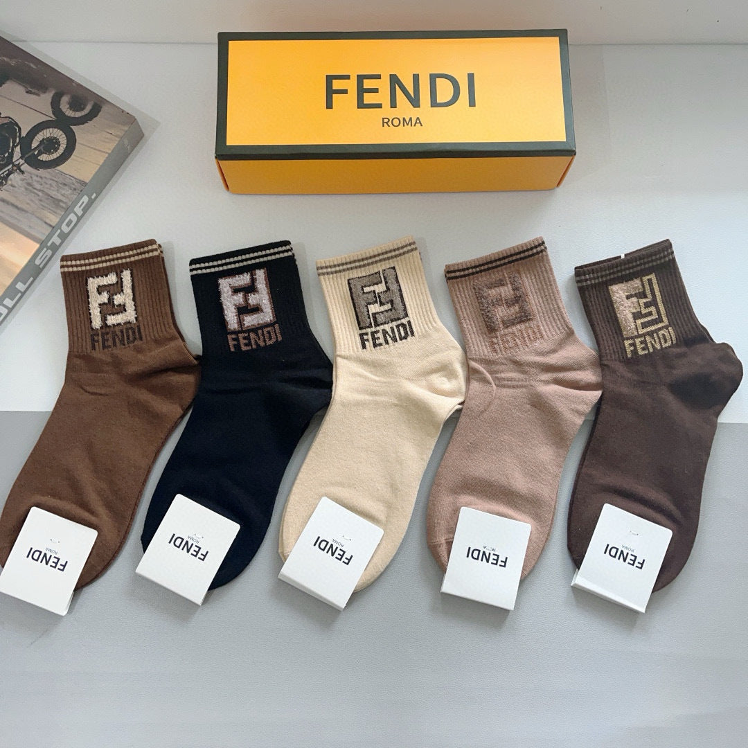 FENDI Double F Mid-Calf Socks - 5 Pairs of Cotton Comfort