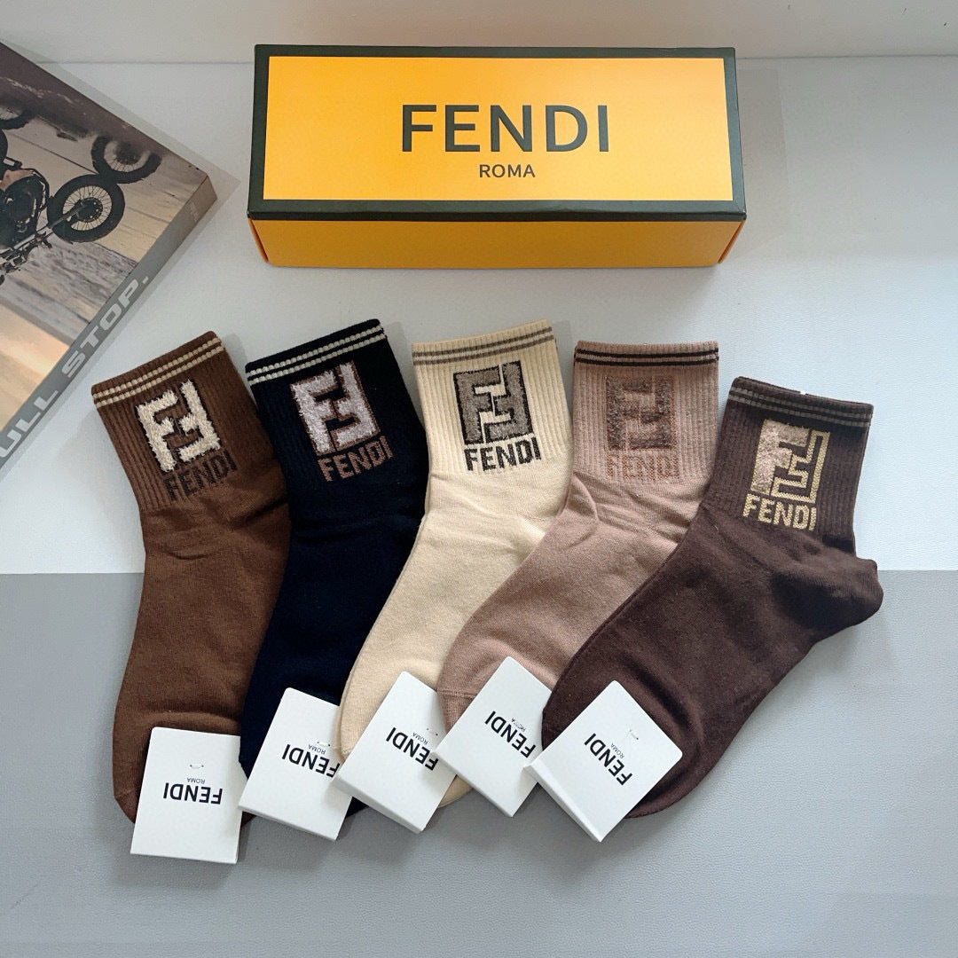 FENDI Double F Mid-Calf Socks - 5 Pairs of Cotton Comfort