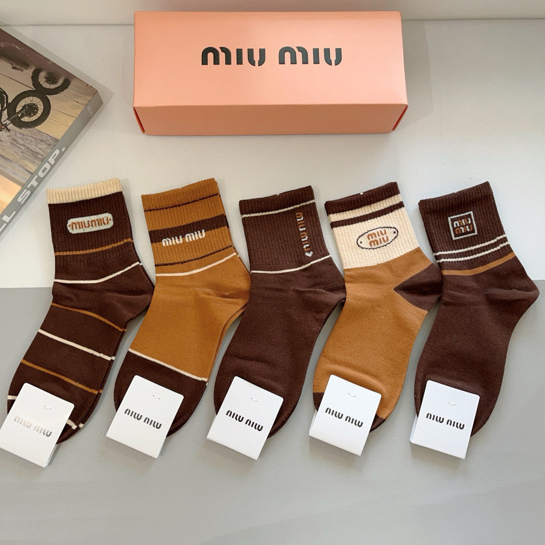 Miu Miu High-Quality Mid-Calf Socks - 5 Pairs Box