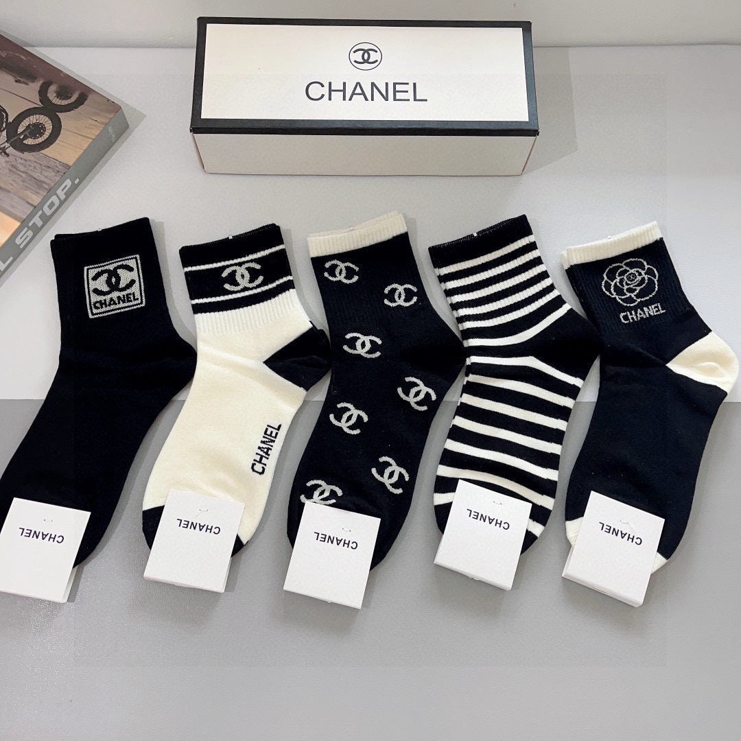 CHANEL Classic Mid-Calf Cotton Socks - 5 Pairs Box