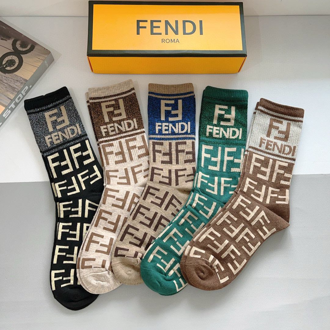 Fendi Double F High-Quality Long Calf Socks - 5 Pairs