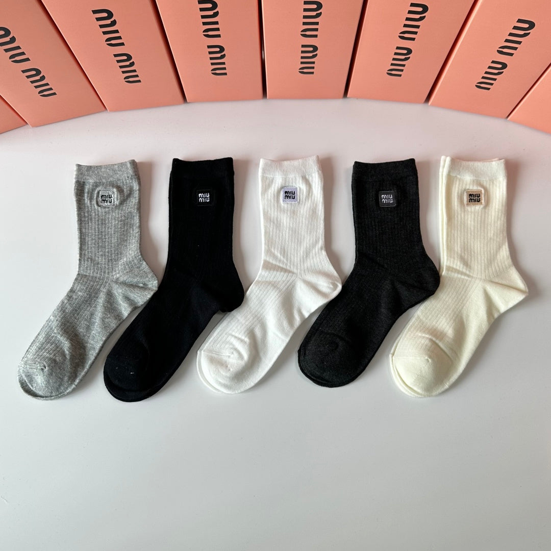 MiuMiu Embroidered Mid-Length Pile Socks â€“ 5 Pairs Gift Box