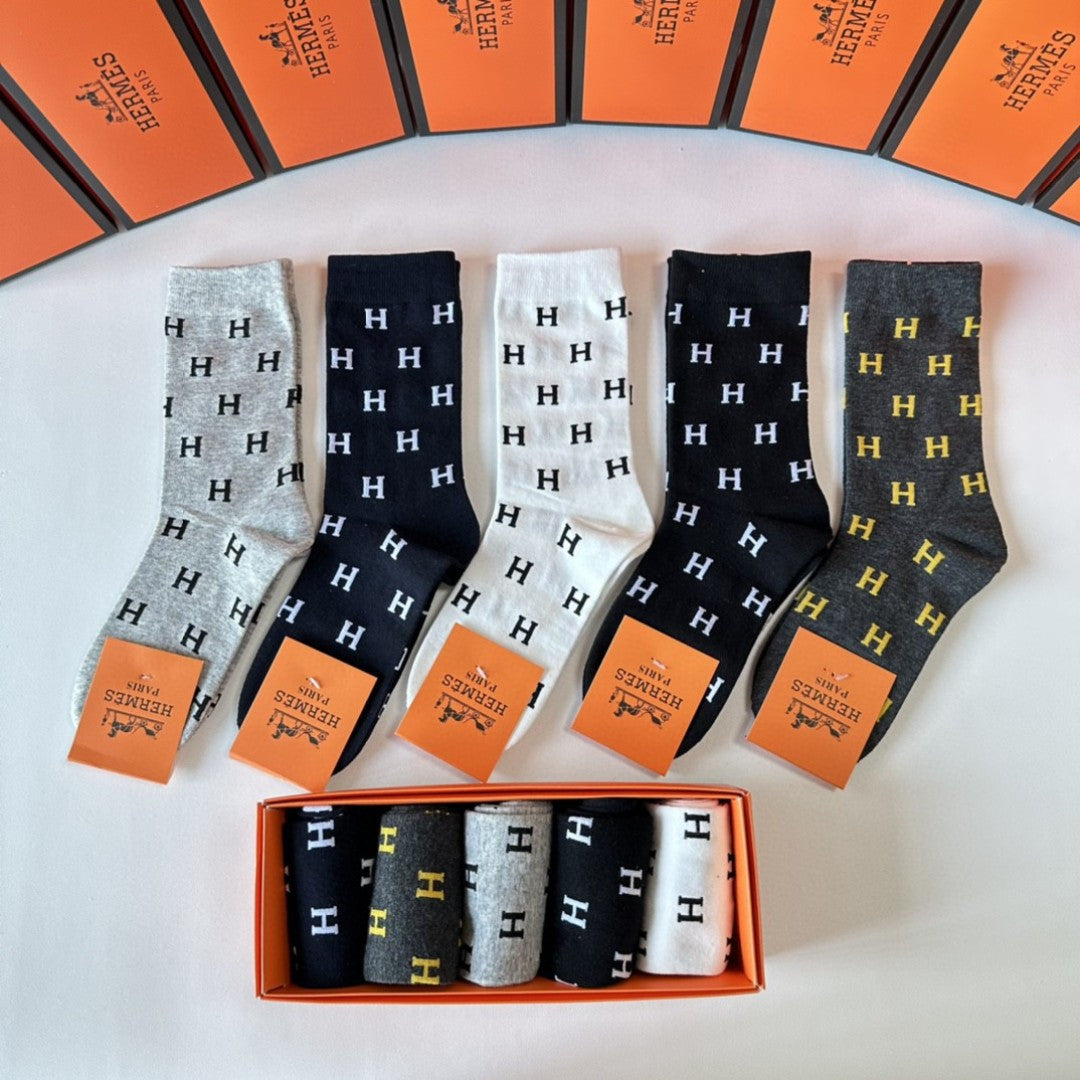 Hermes Mid-Length Pile Socks - 5 Pairs Gift Box
