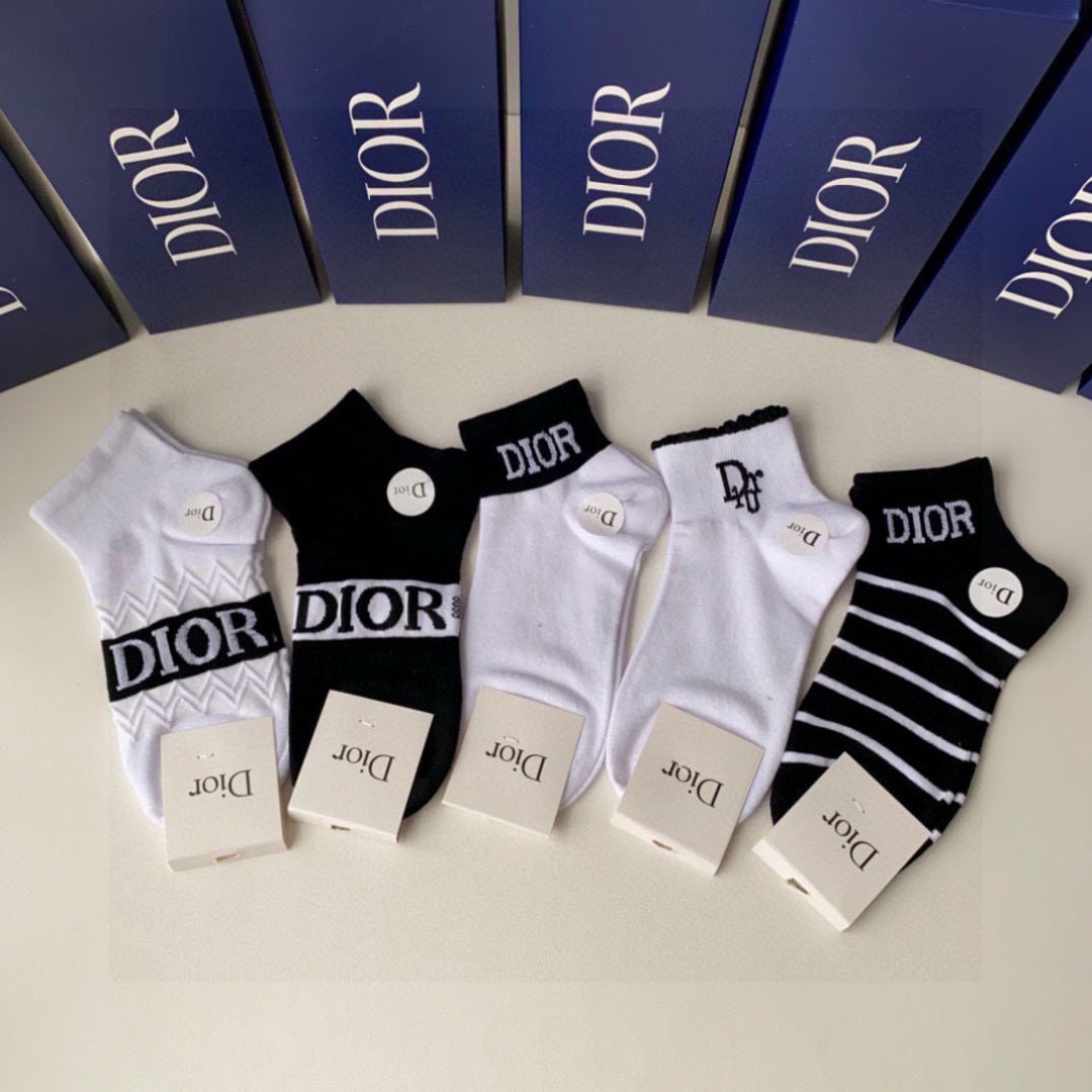 DIOR Designer Short & Medium Pile Socks - 5 Pairs Gift Box
