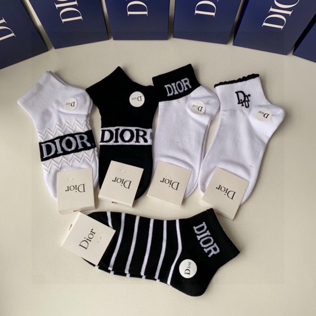 DIOR Designer Short & Medium Pile Socks - 5 Pairs Gift Box