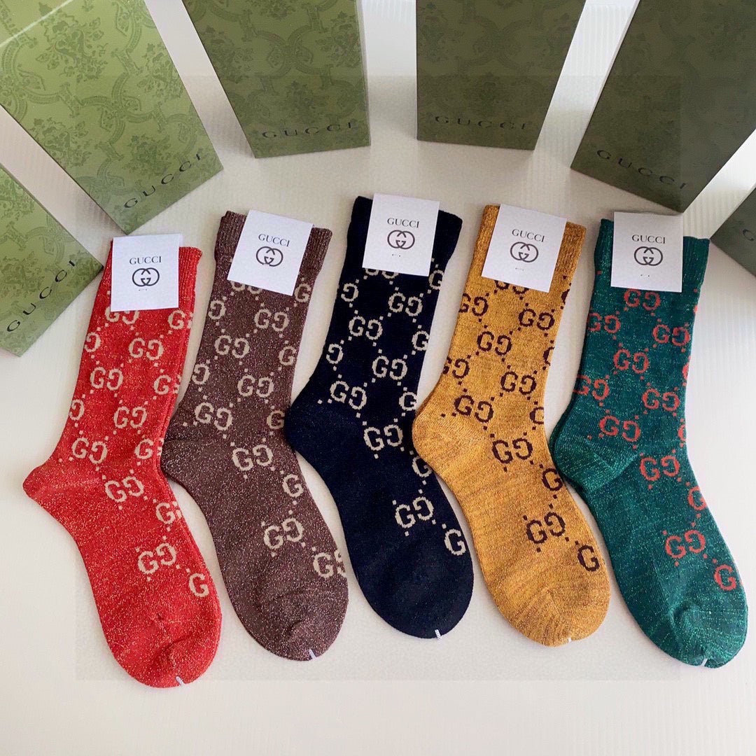 Gucci Gold Silk Mid-Length Pile Socks - 5 Pairs Box Set