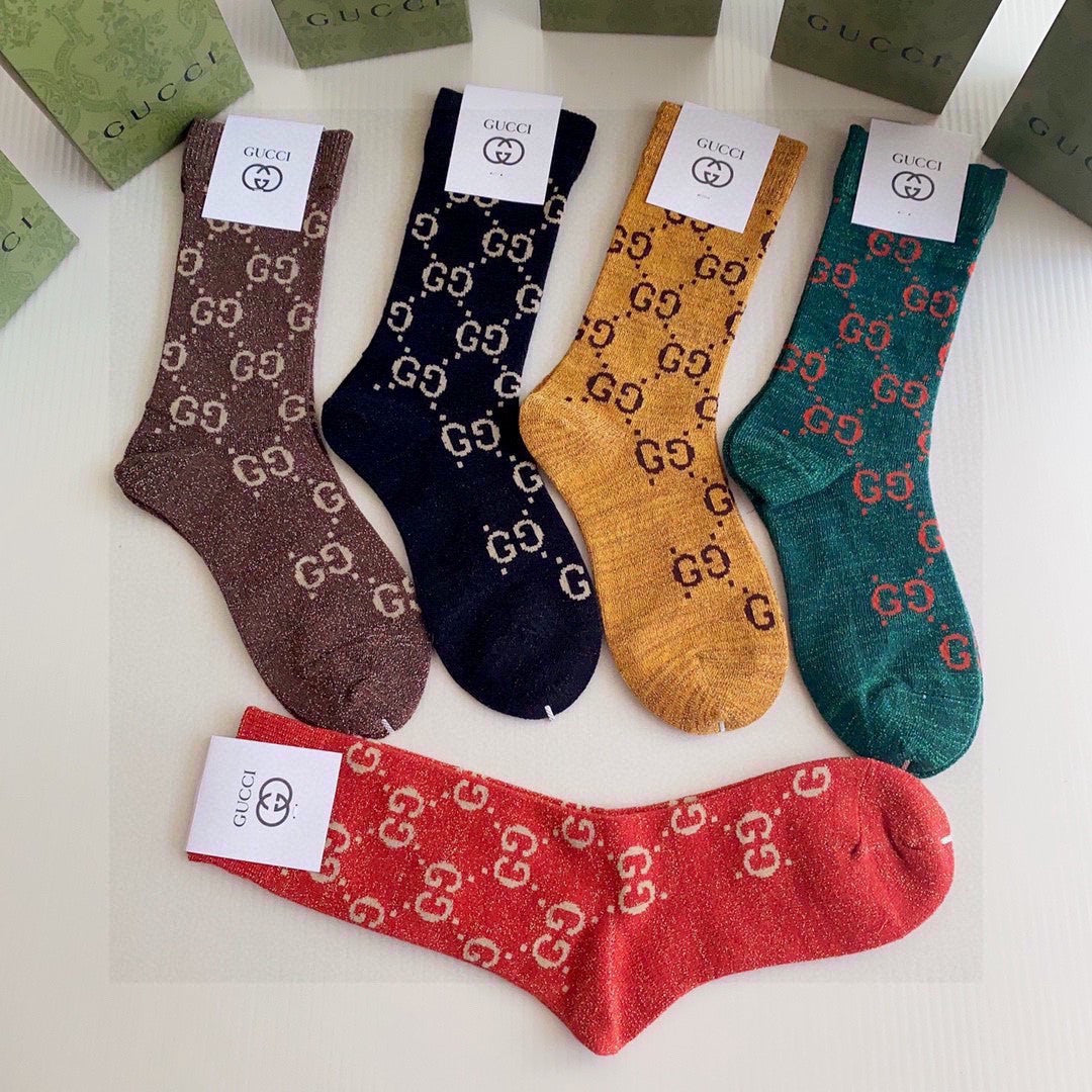 Gucci Gold Silk Mid-Length Pile Socks - 5 Pairs Box Set