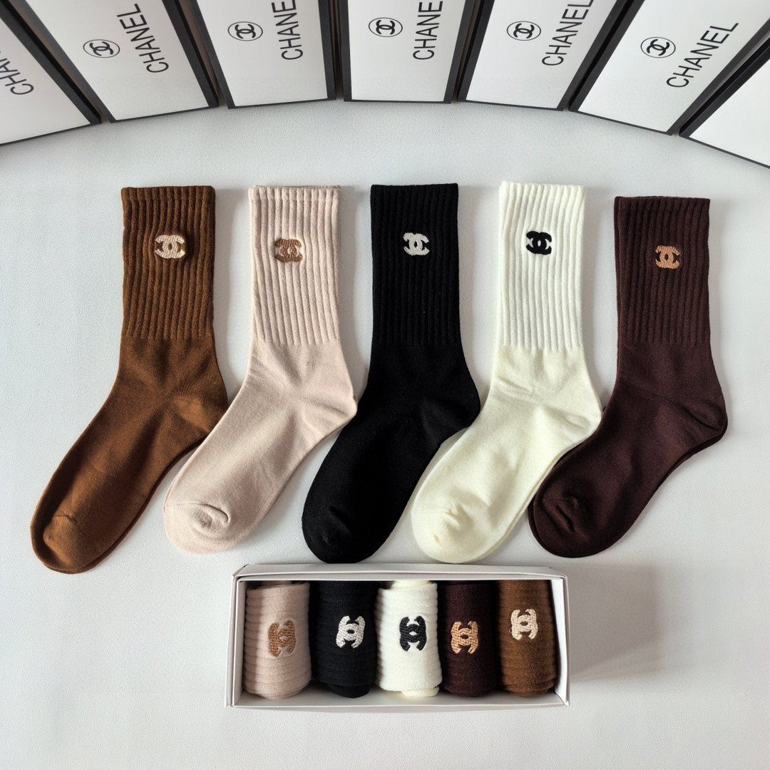 Chanel Cashmere Embroidered Mid-Length Socks - 5 Pairs Box Set