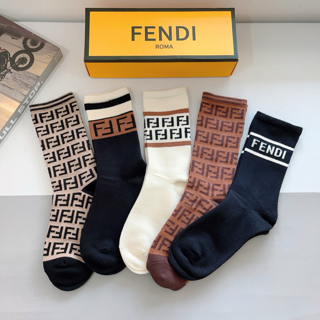Fendi Classic Long Socks - Luxury Rabbit Velvet, Double F Logo, 5 Pairs