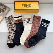 Fendi Classic Long Socks - Luxury Rabbit Velvet, Double F Logo, 5 Pairs