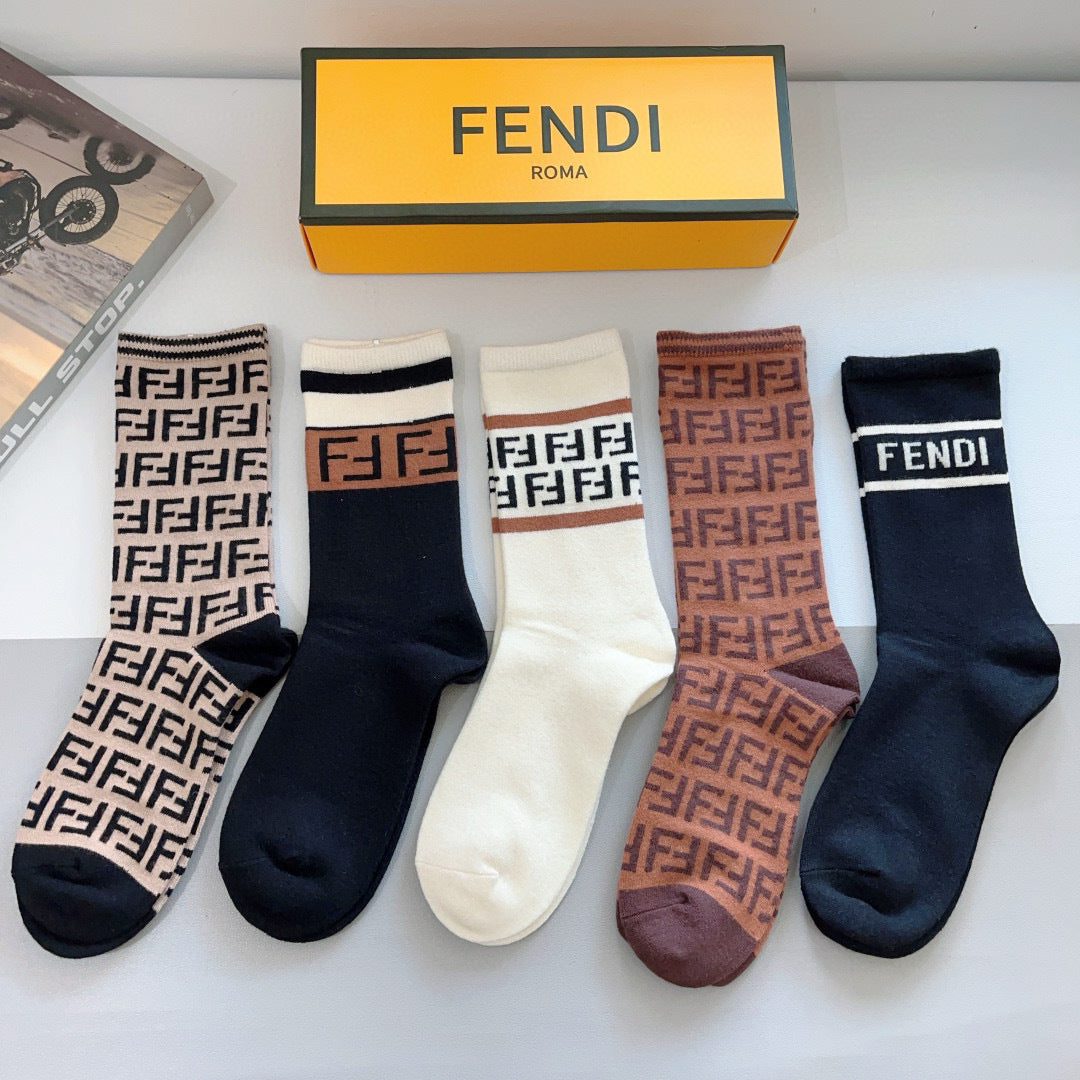 Fendi Classic Long Socks - Luxury Rabbit Velvet, Double F Logo, 5 Pairs