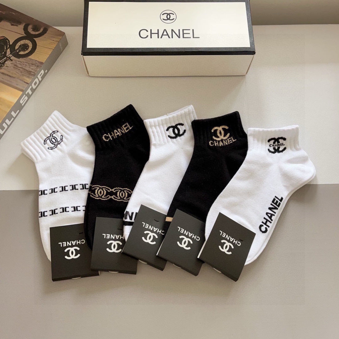 CHANEL Classic High Version Pure Cotton Short Socks - 5 Pairs