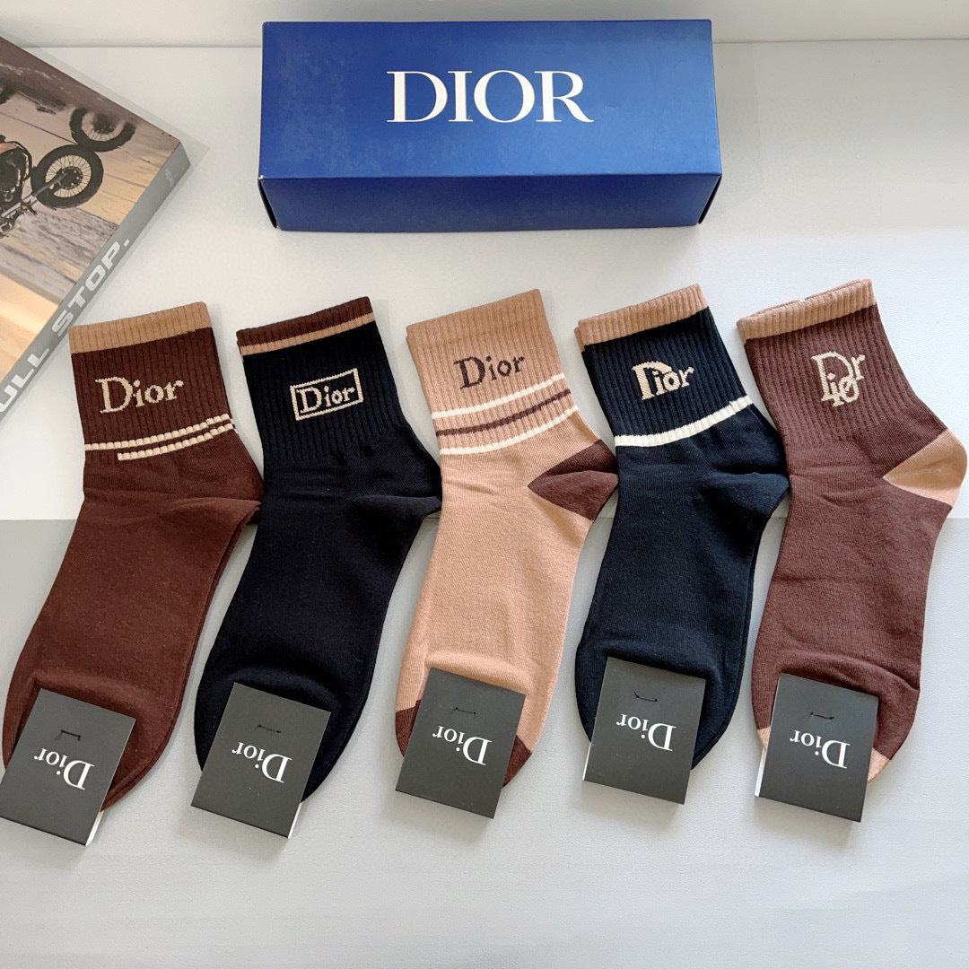 Dior Pure Cotton Fashion Socks - 5 Pairs
