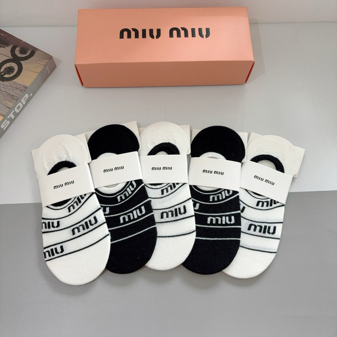 Miu Miu Bamboo Cotton Short Boat Socks - 5 Pairs in a Box