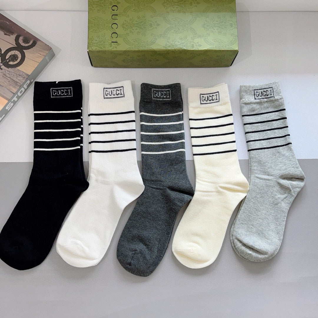 Luxury Gucci Long Cotton Socks - 5 Pairs in Stylish Packaging