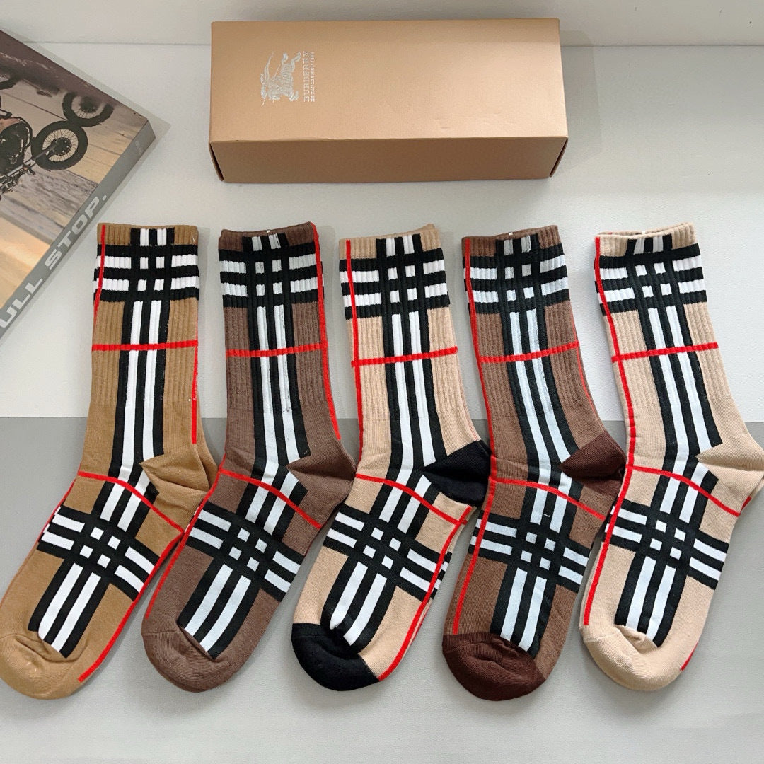 Burberry Unisex Cotton Plaid Socks - 5 Pairs
