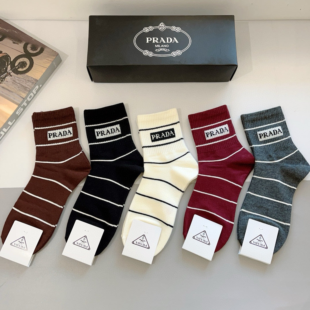 PRADA High-End Mid-Calf Pure Cotton Socks - 5 Pairs