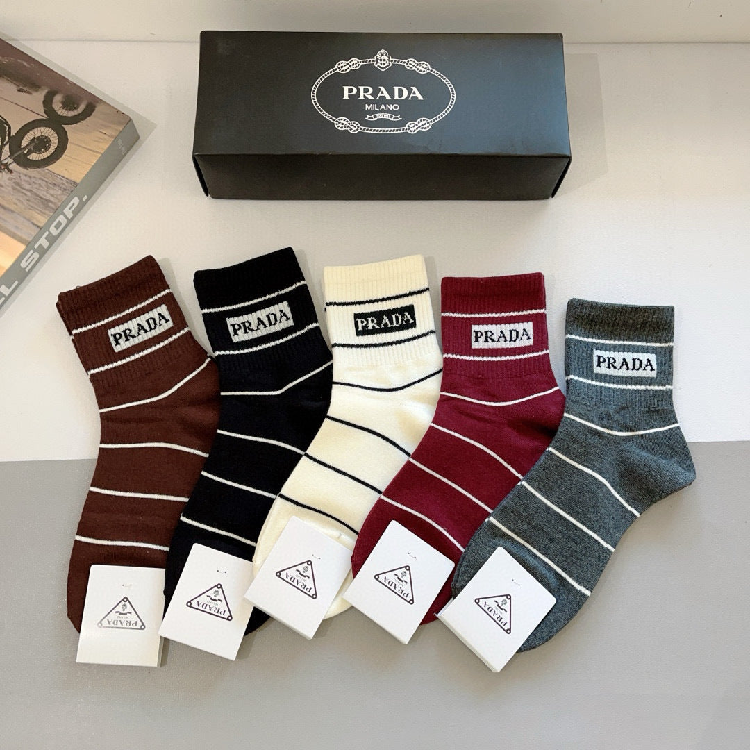 PRADA High-End Mid-Calf Pure Cotton Socks - 5 Pairs