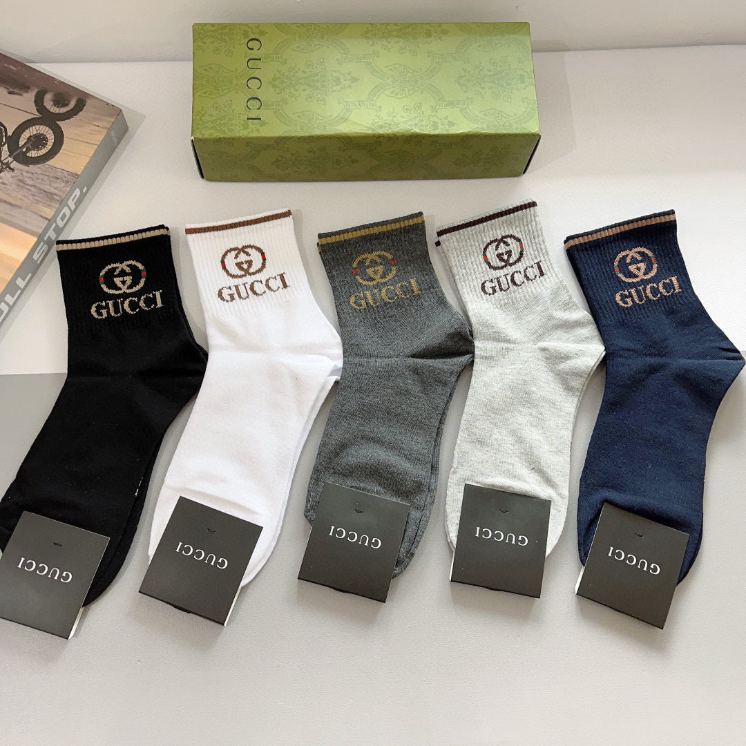GUCCI Men's Mid-Calf Cotton Socks - Classic Patterns (5 Pairs)