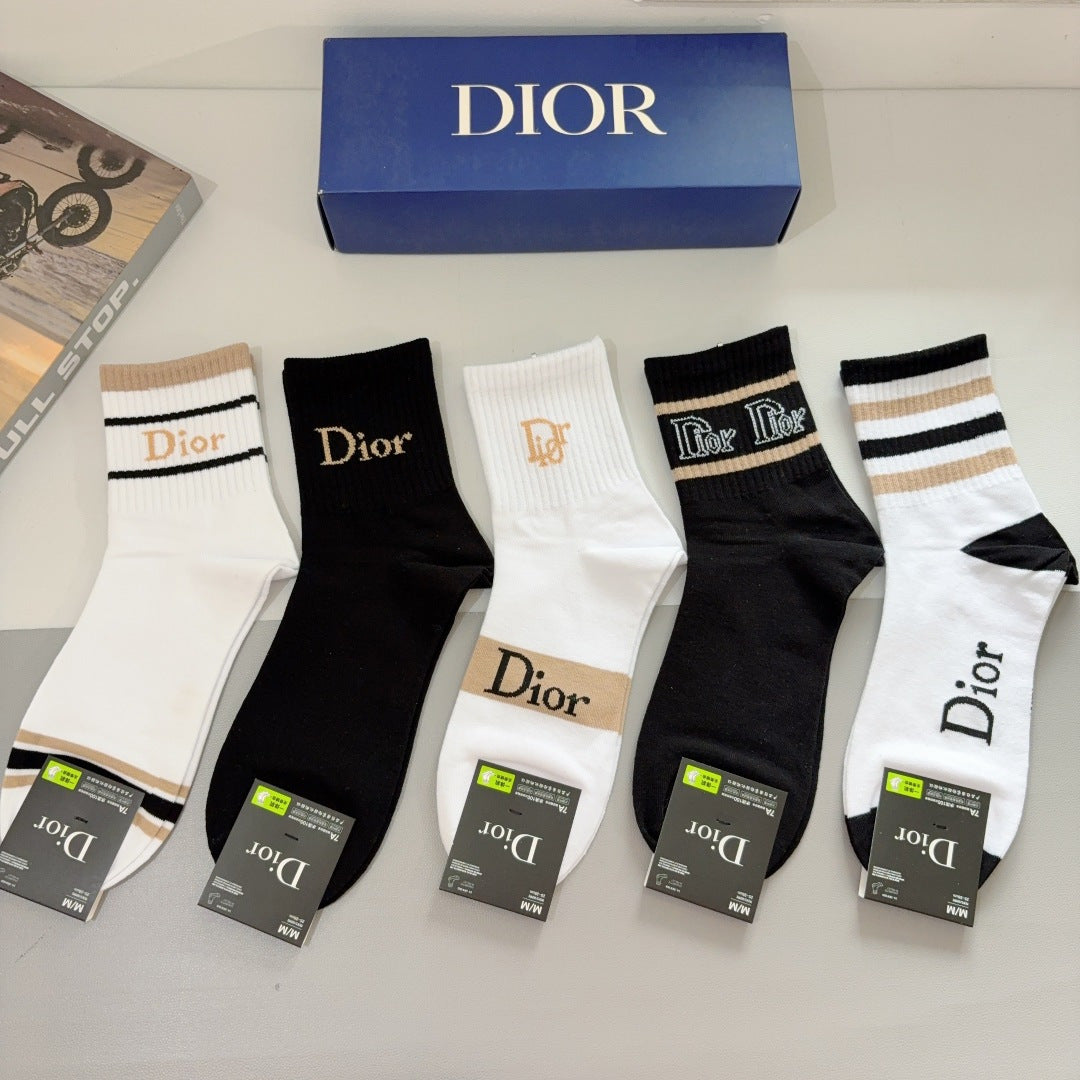 Dior Pure Cotton Mid-Calf Socks - 5 Pairs Box