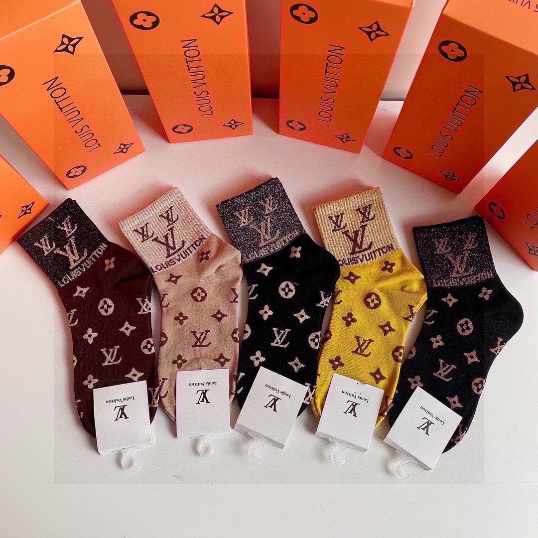 Louis Vuitton Gold Mid-Length Pile Socks - 5 Pairs Gift Box