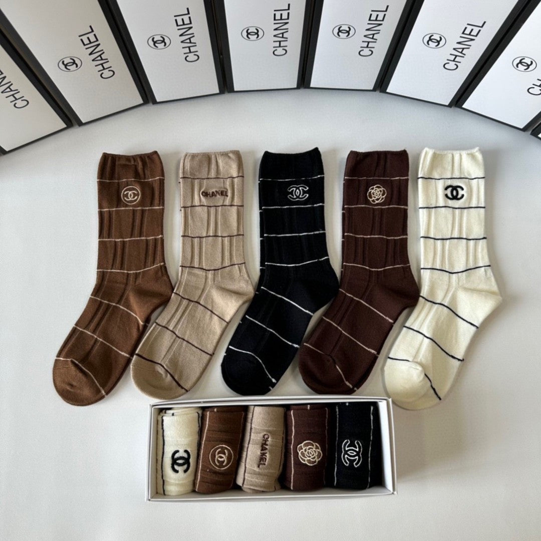 Chanel Embroidered Mid-Length Socks - 5 Pairs Gift Box