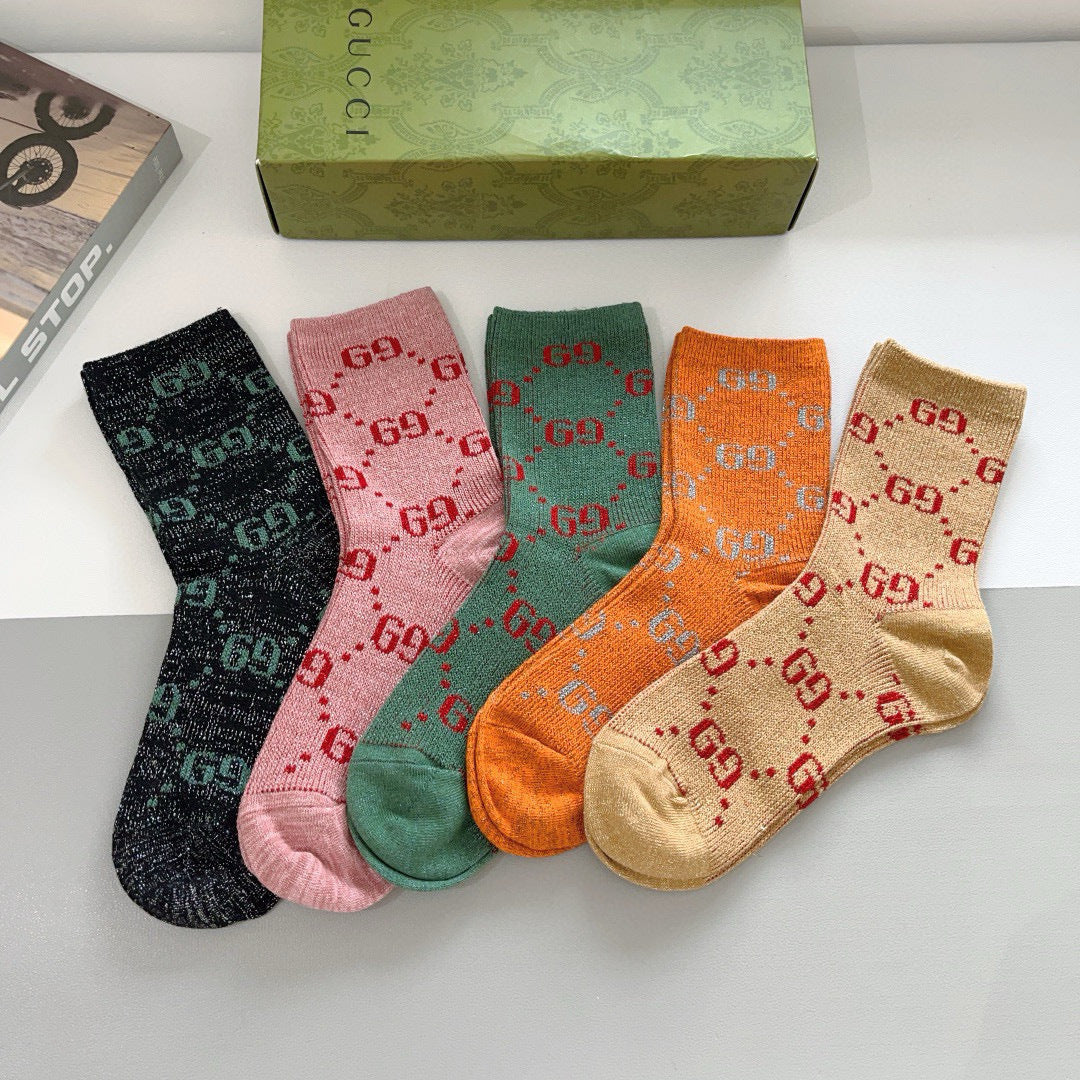 Gucci Classic Gold Silk Mid-Calf Socks - 5 Pairs