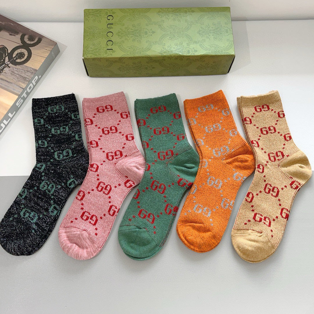 Gucci Classic Gold Silk Mid-Calf Socks - 5 Pairs